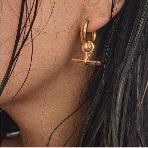 18K Gold Plated Dangle T Bar Hoop Earrings - Picture 1 of 9